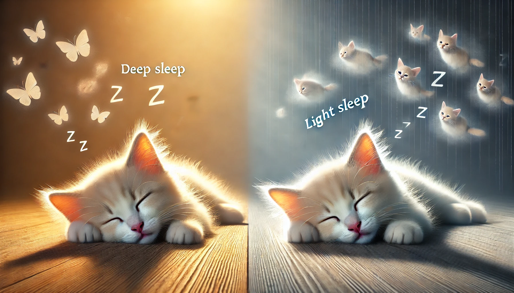 A scene depicting a fluffy kitten in two sleeping positions: one in deep sleep and the other in light sleep.