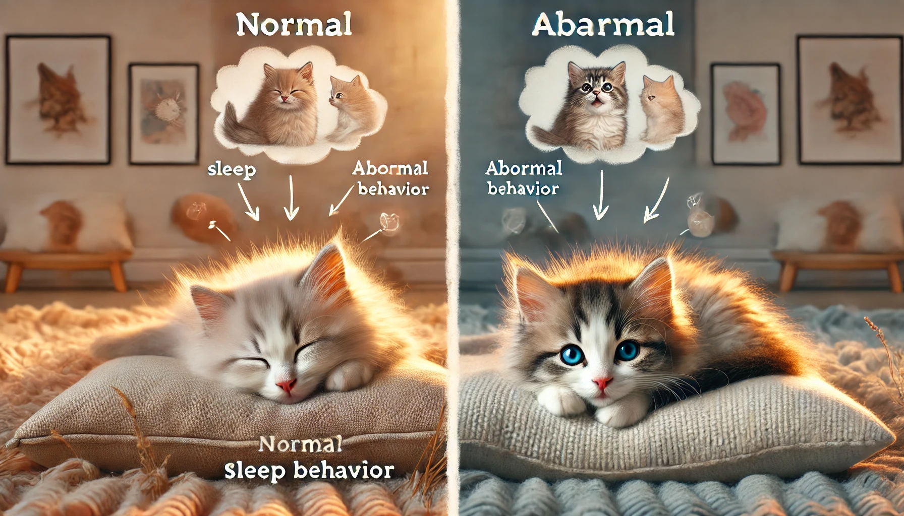 A scene illustrating the difference between a peacefully sleeping kitten and another appearing restless.