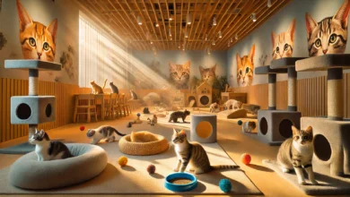 A serene indoor setting showcasing various cats interacting with their environment, highlighting playful kittens, cat toys, and a warm atmosphere.