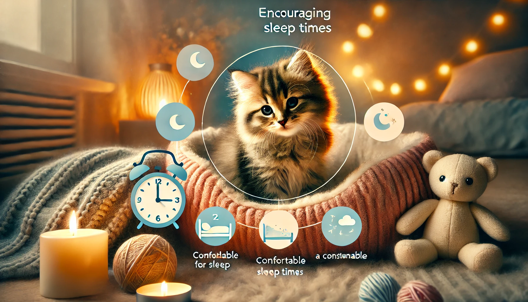 A cozy scene depicting a fluffy kitten in a warm bed with subtle indicators of a bedtime routine.
