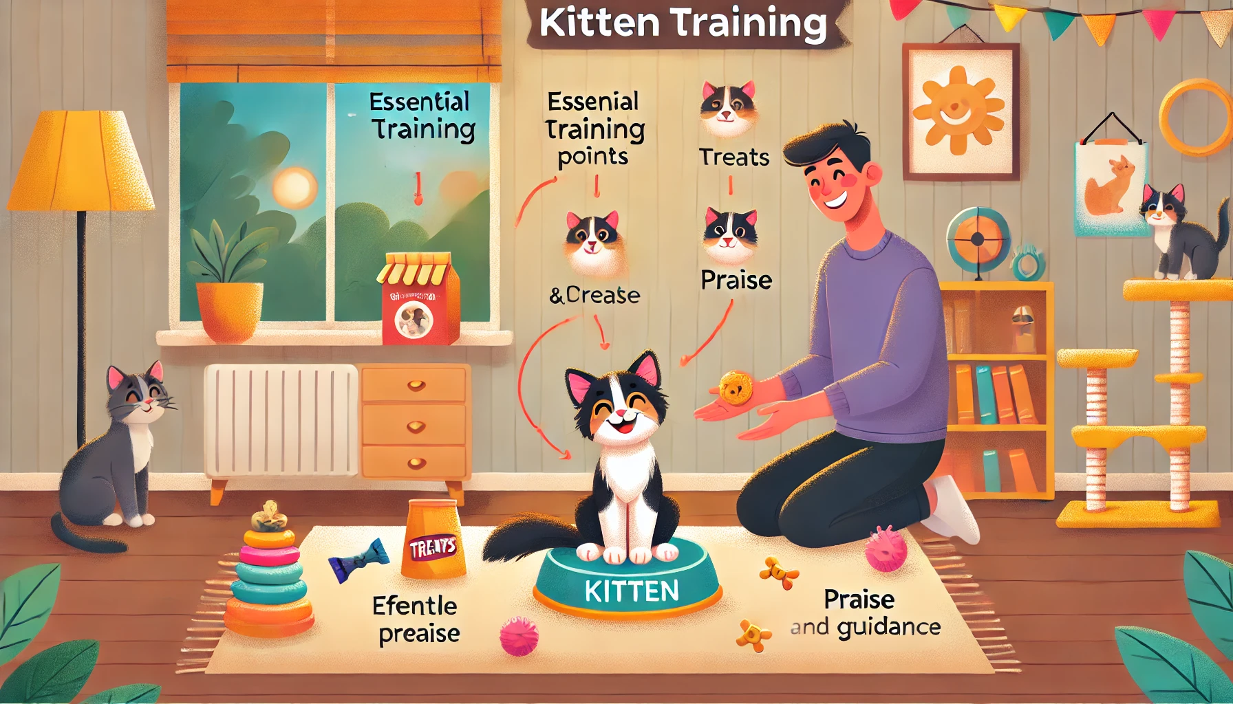 A person interacting happily with a well-behaved kitten during training.