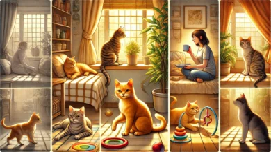 A warm and inviting scene depicting various cat personalities in a cozy home environment.