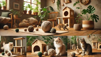 Cats playing with eco-friendly toys made from organic cotton, hemp, and recycled materials in a cozy living room with wooden furniture and plants.