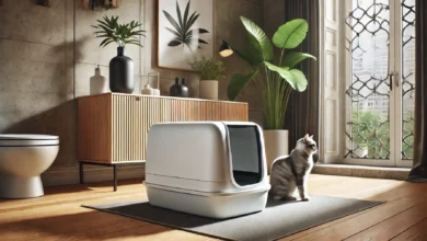 A sleek and modern litter box with a covered, minimalist design in a stylish home environment, featuring a curious cat nearby.