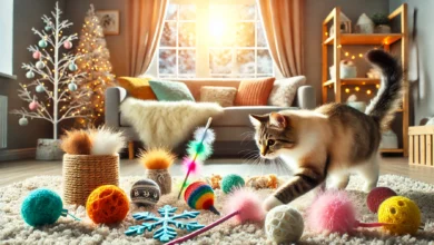 A cozy indoor scene of a cat playing with various seasonal toys in a warm, inviting room.