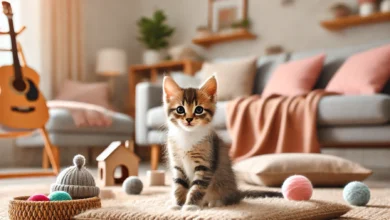 A playful kitten sitting in a cozy indoor environment surrounded by blankets and toys