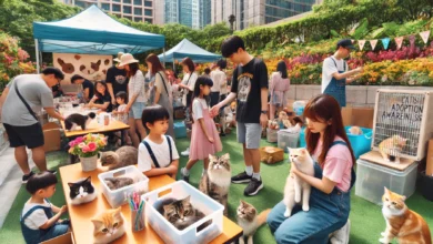 A lively community event focused on cat adoption awareness, with families and cats in a sunny park.