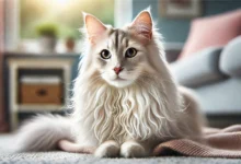 A stunning Turkish Angora cat with a sleek, silky coat in a natural setting.