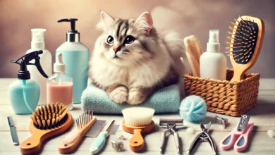 A content cat surrounded by various grooming tools including brushes, combs, nail clippers, and shampoos.