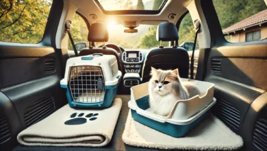 A serene and cozy setup for traveling with a cat, featuring a foldable travel litter box in the back of a car next to a small carrier with a fluffy cat inside.