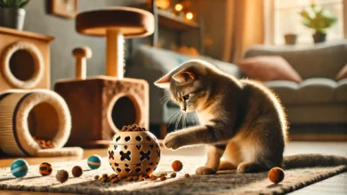 A playful cat interacting with a treat dispenser toy in a cozy indoor space.