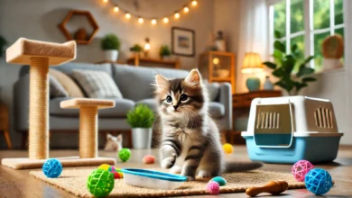A playful tabby kitten in a cozy indoor setting, surrounded by training tools like a litter box and scratching post.