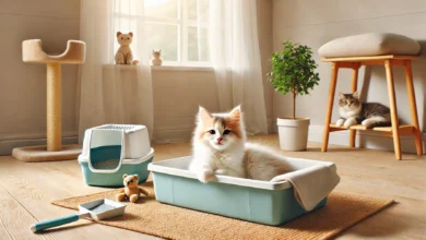A cozy kitten lounging beside a well-maintained litter box in a clean interior space.