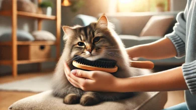 A cat being gently groomed with a brush by a human hand in a peaceful home setting.