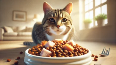 A healthy cat eating from a bowl of animal protein-based cat food with chunks of meat or fish.