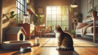 A calm and peaceful indoor scene with a relaxed cat sitting by a window, showing contentment and health in a cozy, well-lit room.