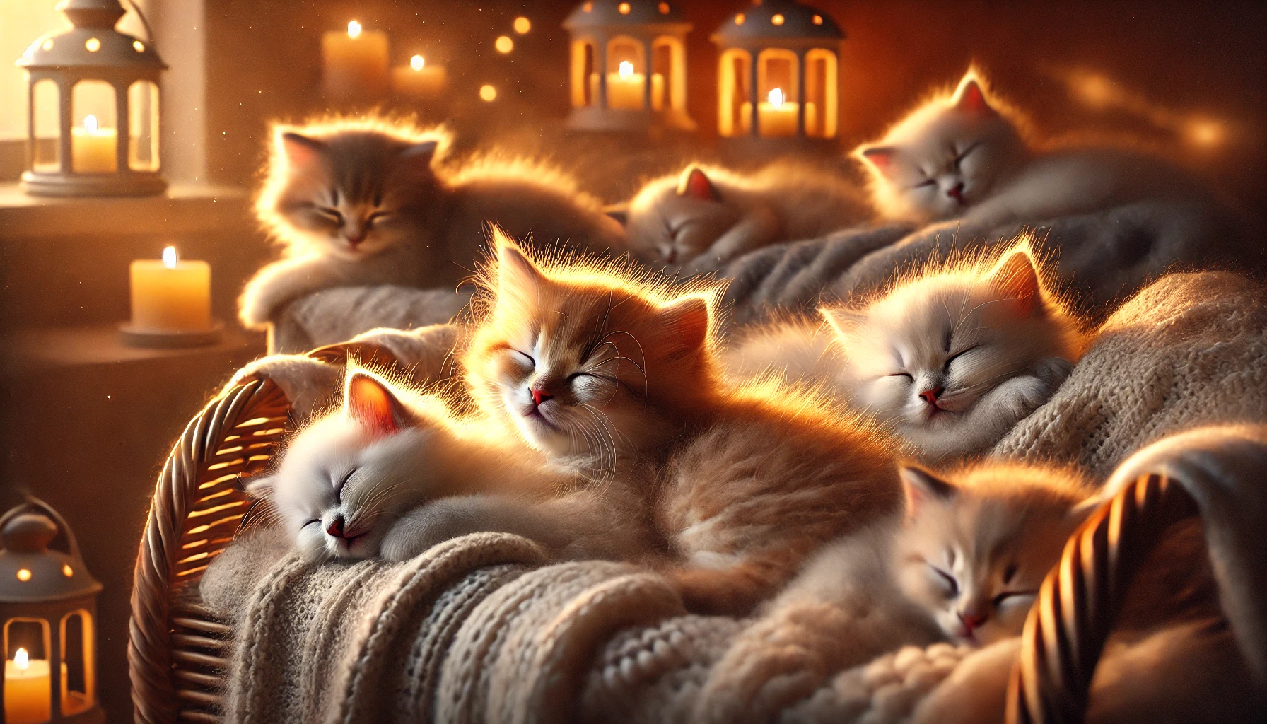 A heartwarming scene of multiple fluffy kittens peacefully sleeping in a cozy setting.
