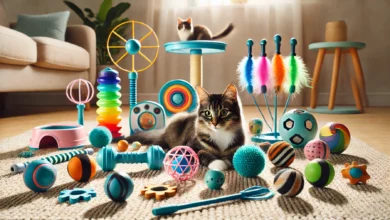 A collection of various fitness toys for cats, including feather wands, laser pointers, interactive balls, and puzzle feeders, arranged on a soft carpet.