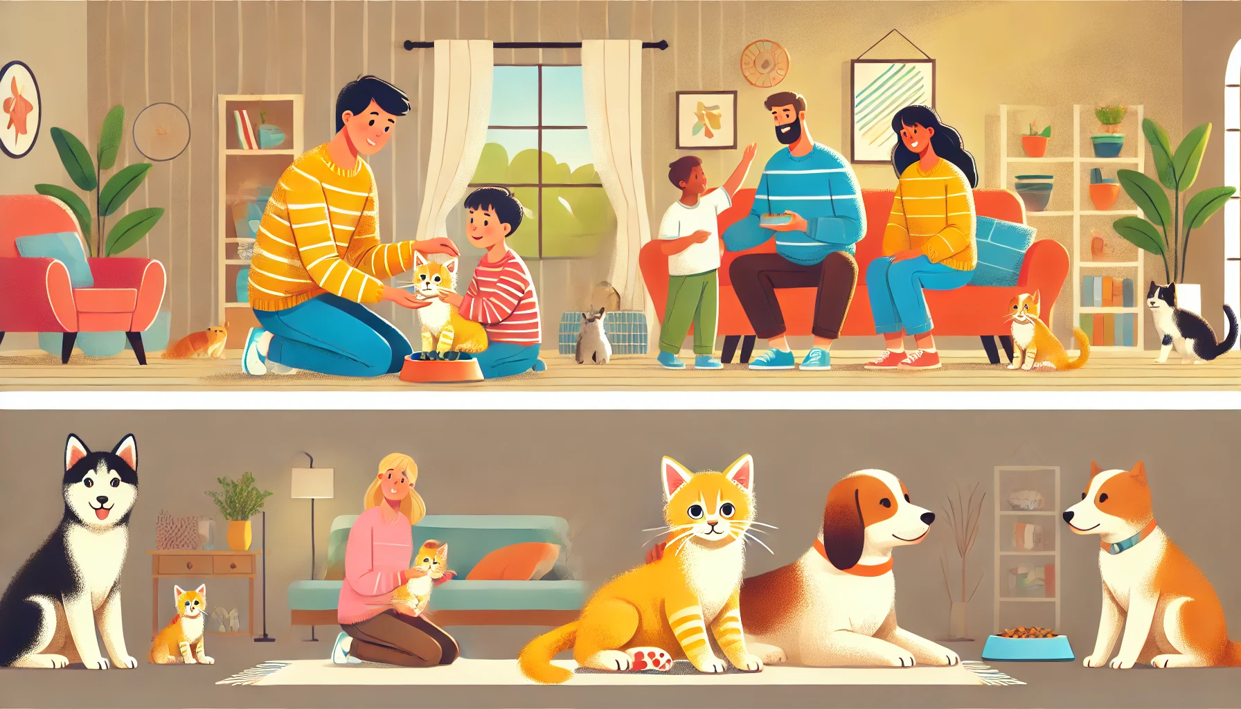 A friendly kitten interacting with a child and an adult in a cozy home.