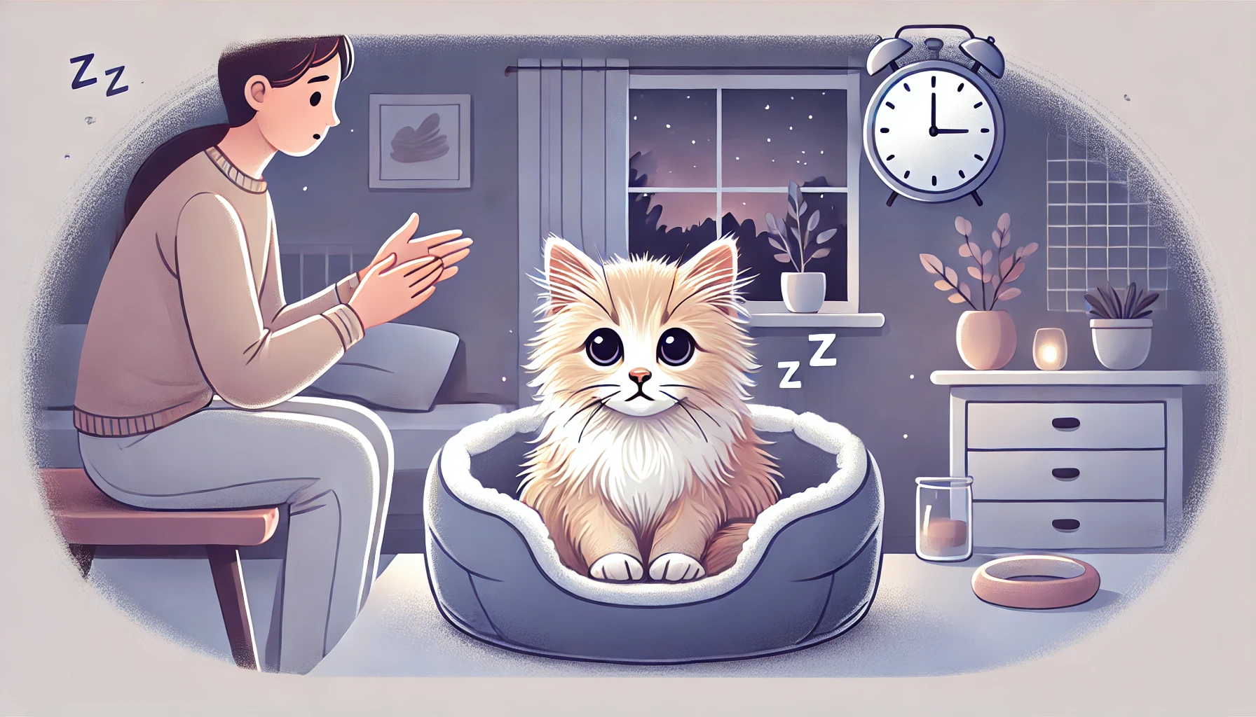 A concerned scene of a fluffy kitten sitting up in its bed, indicating nighttime restlessness.