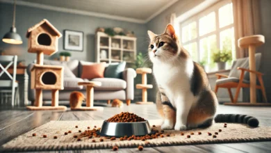 A healthy cat sitting next to a bowl of well-portioned food in a cozy living room, with a cat tree and toys scattered in the background.