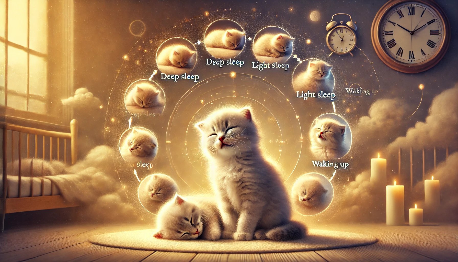 An informative scene depicting a fluffy kitten in various sleeping positions, showcasing different stages of sleep.