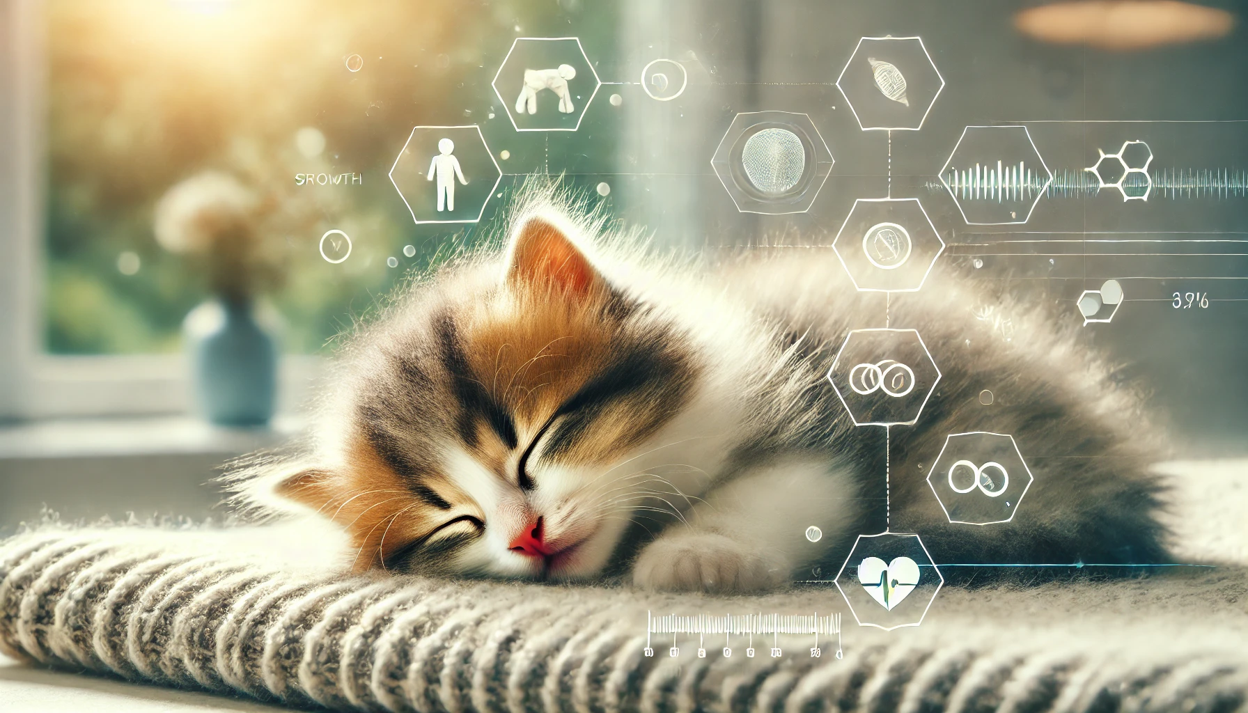 An educational scene illustrating the concept of kitten growth and development during sleep, featuring a fluffy kitten peacefully sleeping.