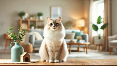 A peaceful cat sitting in a cozy living room, looking calm and content.