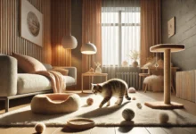 A curious tabby cat exploring a cozy corner of a living room with soft lighting, a cat bed, toys, and natural light streaming in.