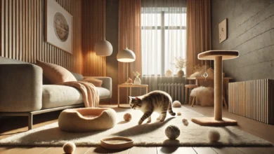 A curious tabby cat exploring a cozy corner of a living room with soft lighting, a cat bed, toys, and natural light streaming in.