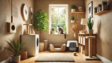 A cozy, well-organized small cat space inside a modern home with a clean litter box, plants, and cat toys.