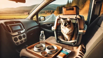 A cat in a pet carrier on a car seat with a travel bag and bowls, traveling through the countryside.