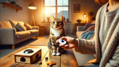 A cat sitting attentively on a table with a hand holding a clicker device in a cozy home setting
