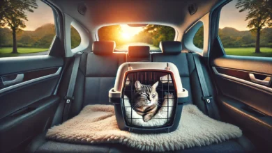 A calm cat resting in a soft-lined carrier inside a car, with sunlight filtering through the windows and nature visible outside, evoking a sense of peacefulness during travel.