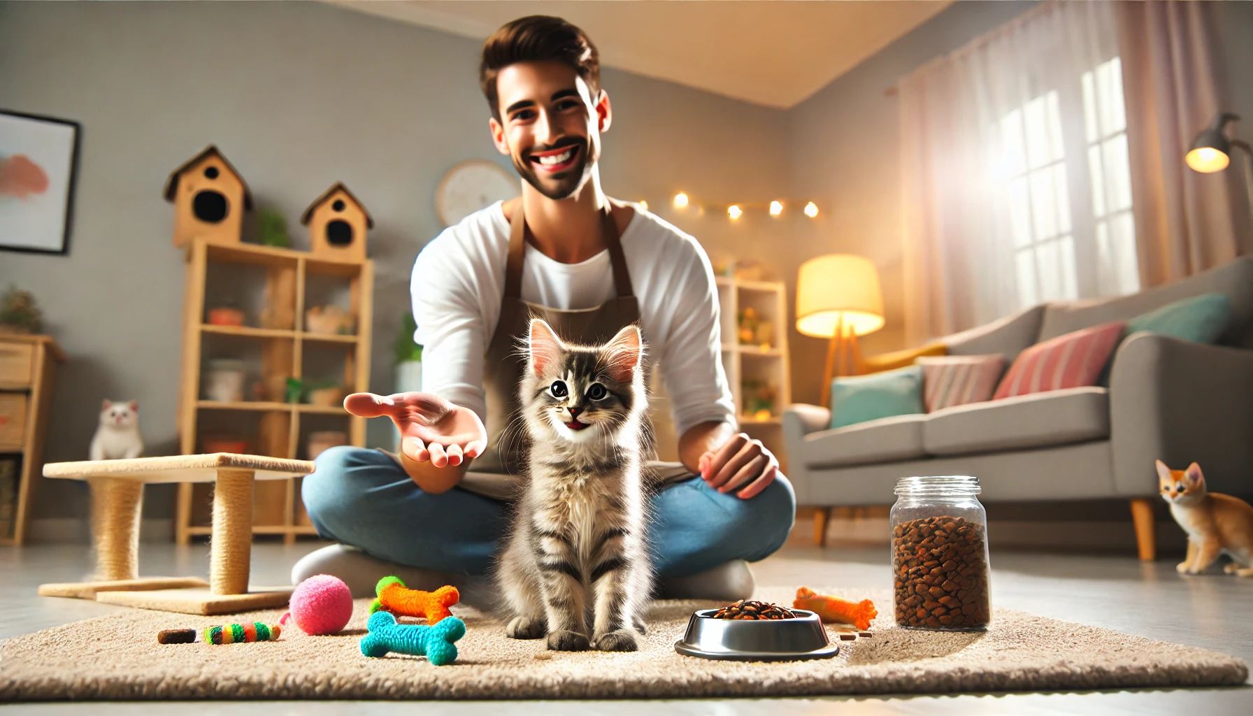 A well-trained kitten sitting proudly beside its smiling owner.