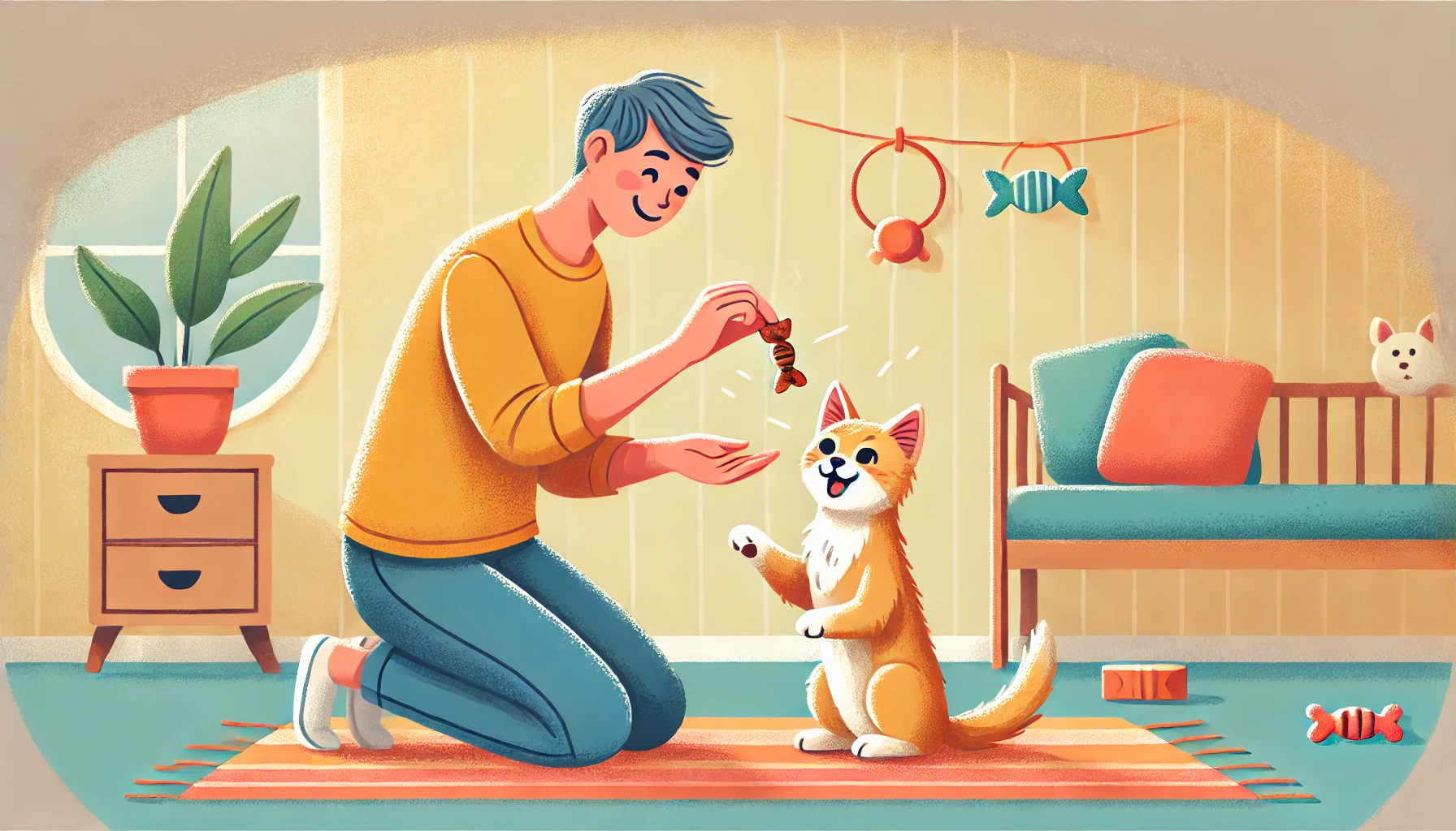 A happy kitten receiving a treat from its owner during training.
