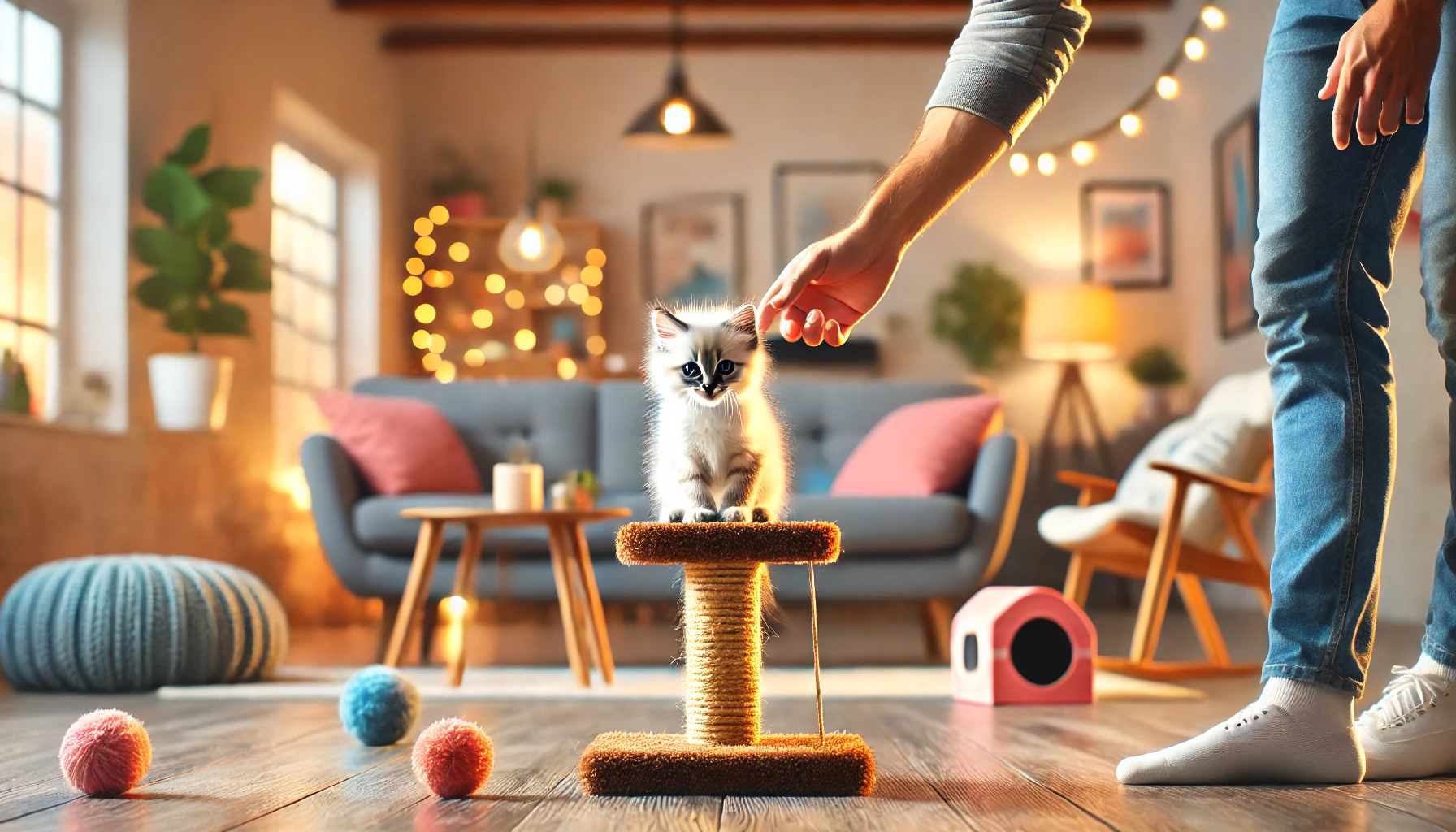 A playful kitten being gently guided towards a scratching post.