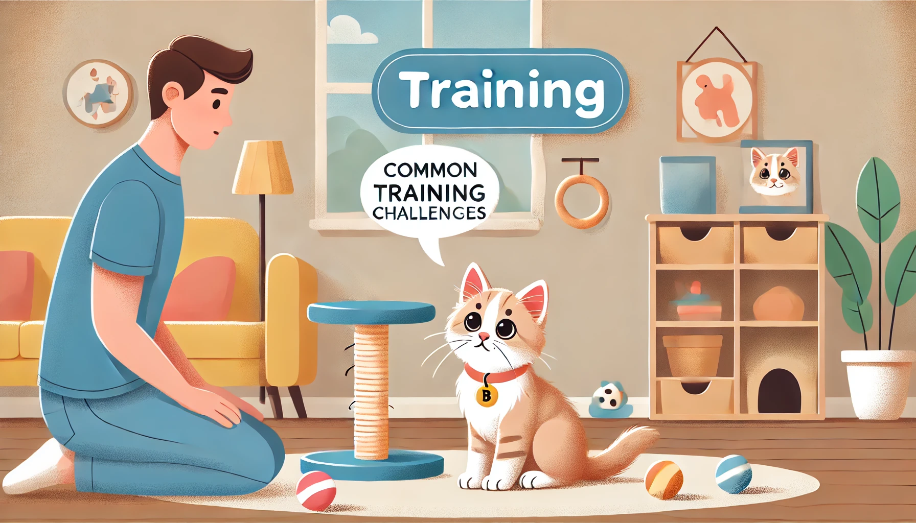 A playful kitten exploring a room with training challenges and a supportive person nearby.