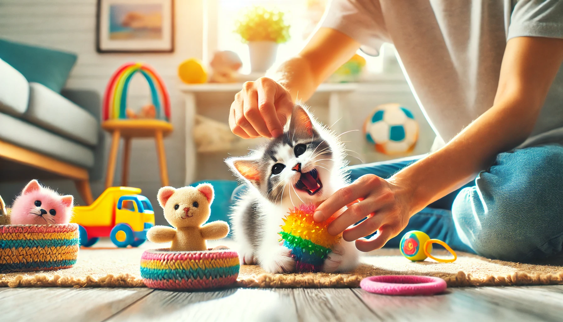 A playful kitten biting a soft toy while a person redirects its attention.