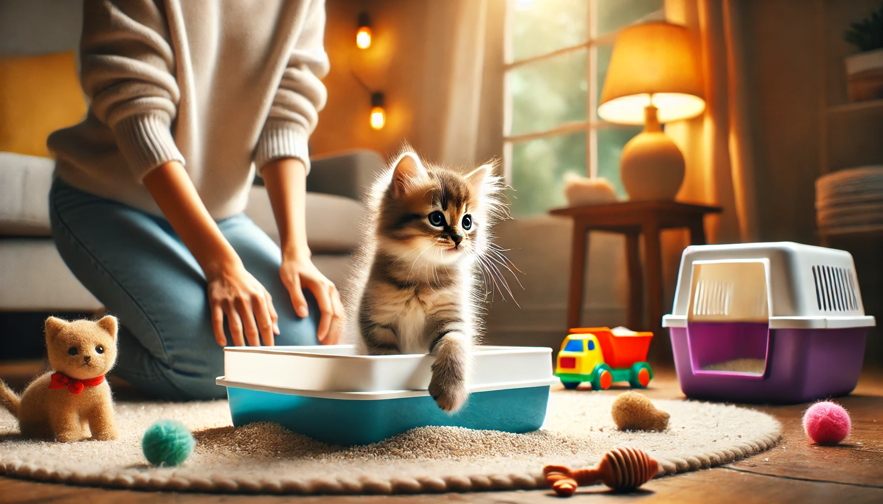 A curious kitten peeking into a clean litter box while a person observes.