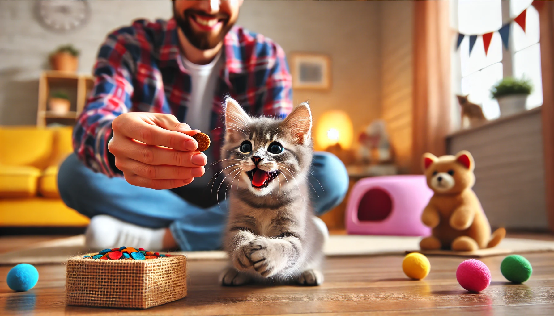 A joyful kitten being rewarded with a treat during training.