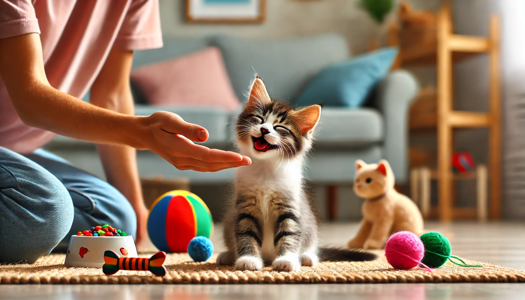 A playful kitten being praised and rewarded with a treat.