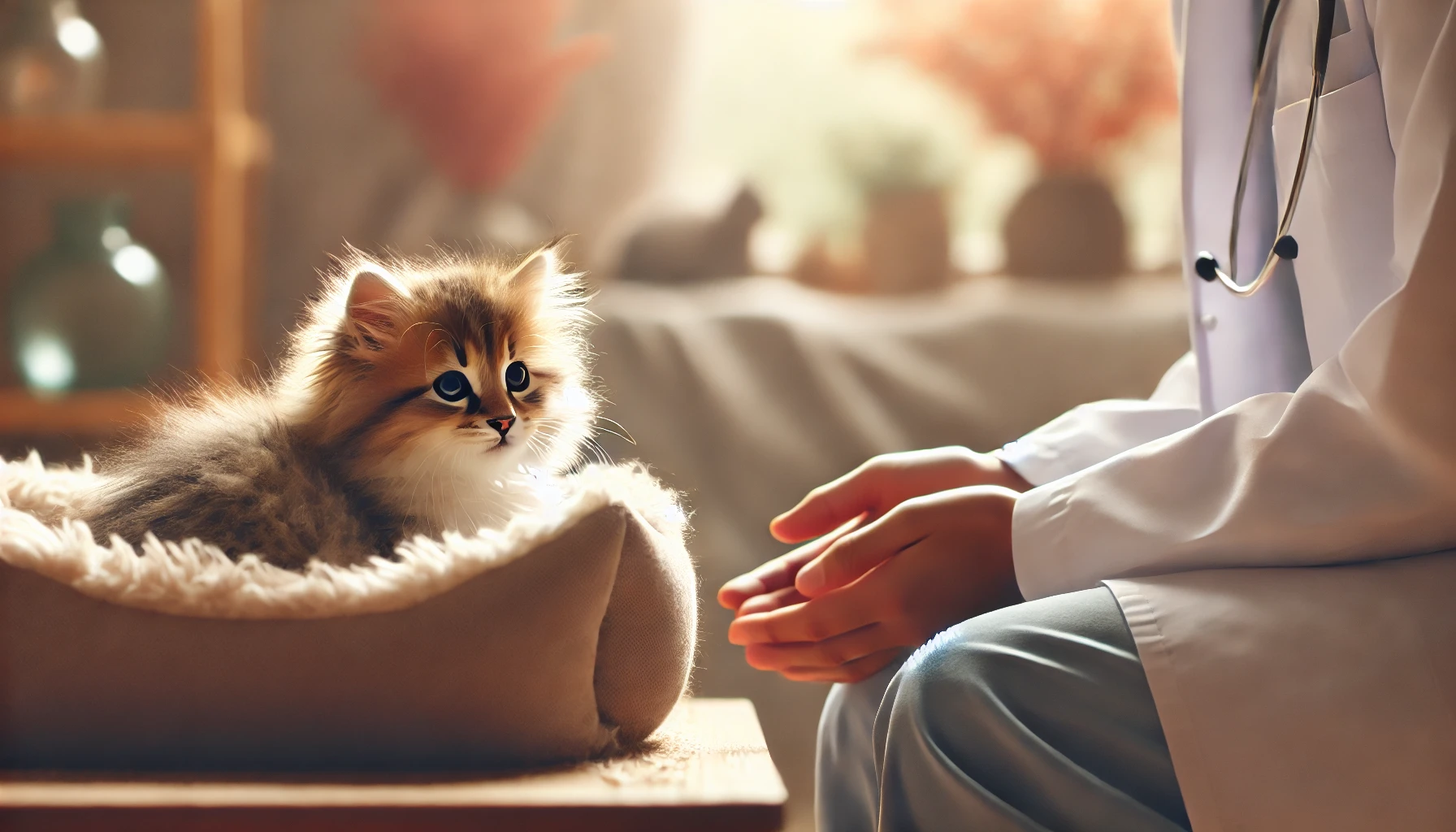 A scene depicting a fluffy kitten looking restless in its bed, with a caring figure nearby observing.