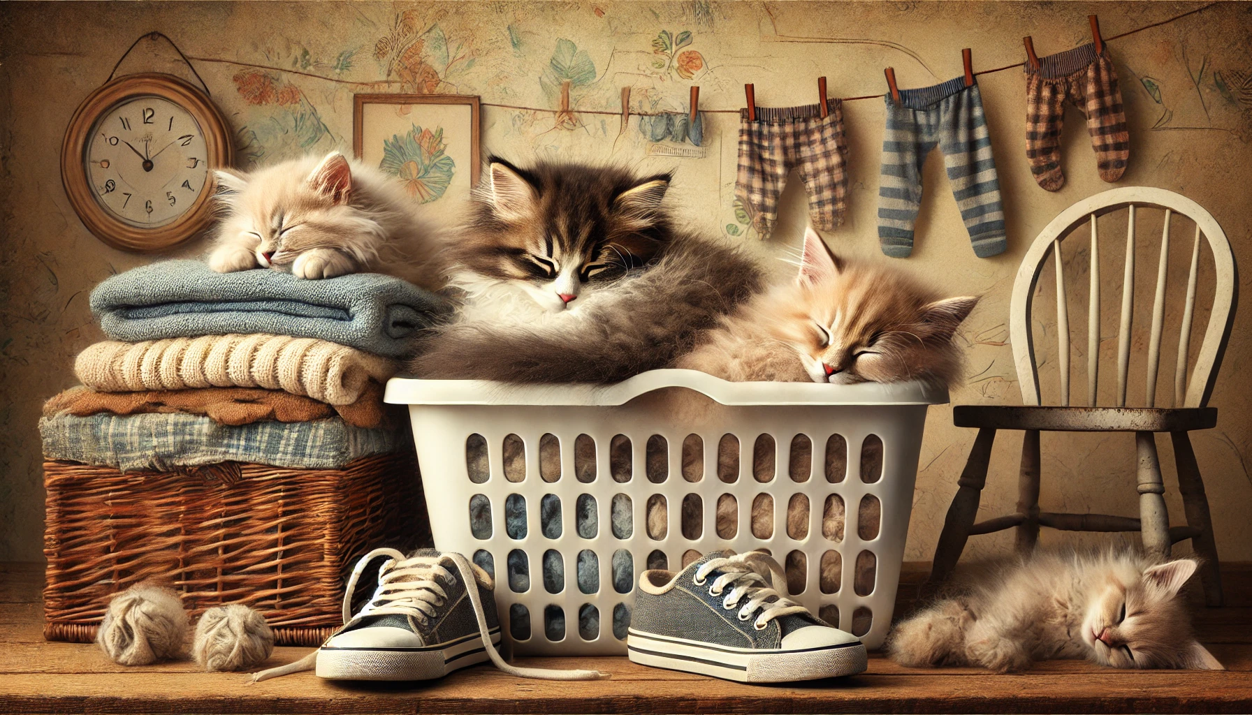 A whimsical scene depicting multiple kittens sleeping in quirky locations like a laundry basket and a shoe.