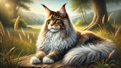 A majestic Maine Coon cat relaxing in a serene natural setting.