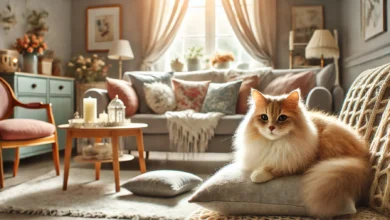 A serene and cozy living room setting with a fluffy cat lounging on a soft cushion, filled with natural light.