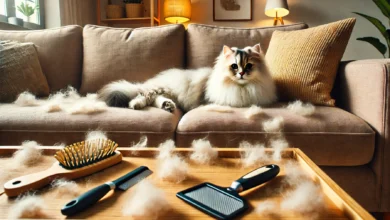 A cozy living room with a fluffy cat on a sofa, shedding fur, with grooming tools on a coffee table nearby.