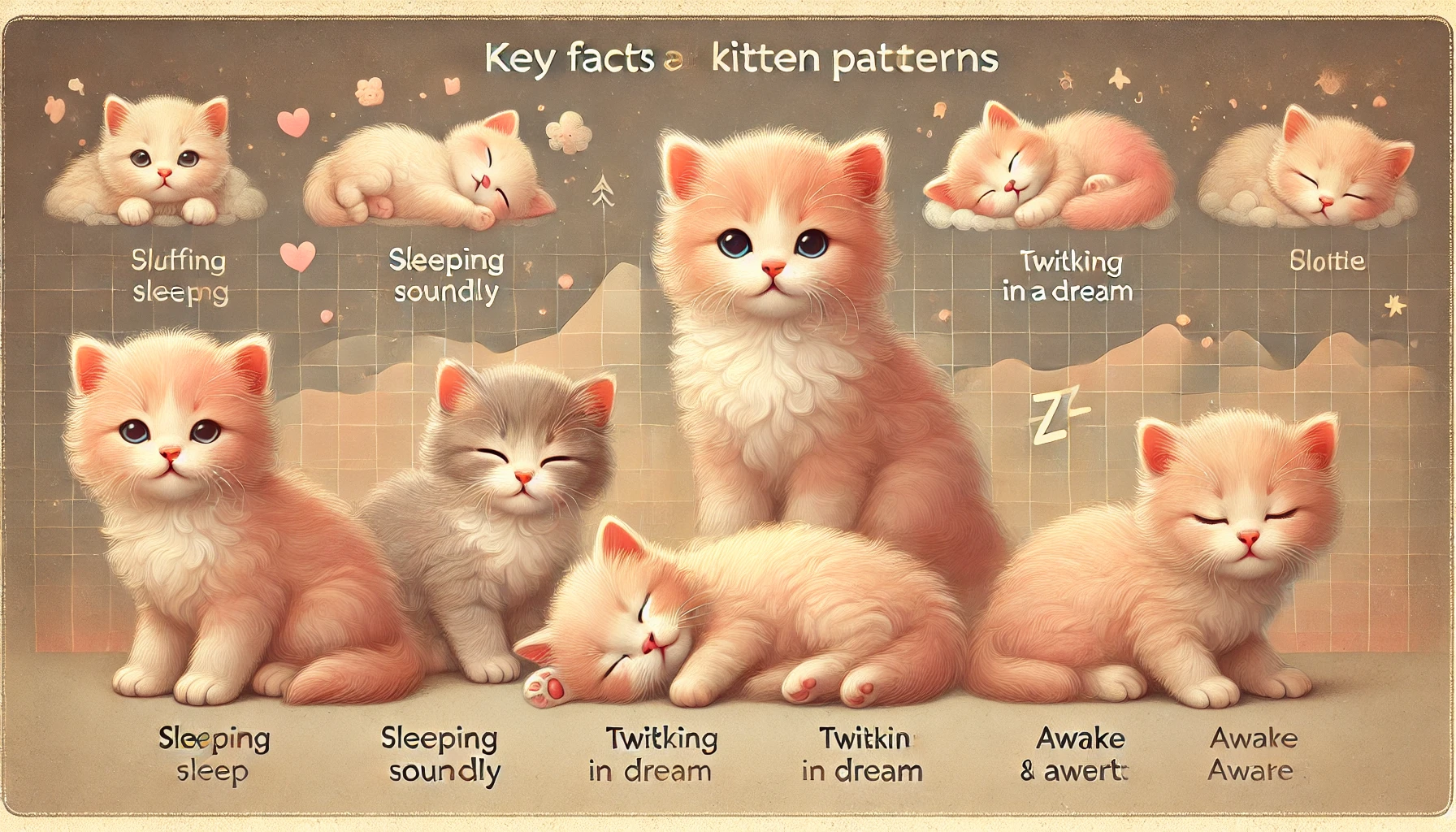A visually engaging scene of multiple fluffy kittens in various sleeping positions.