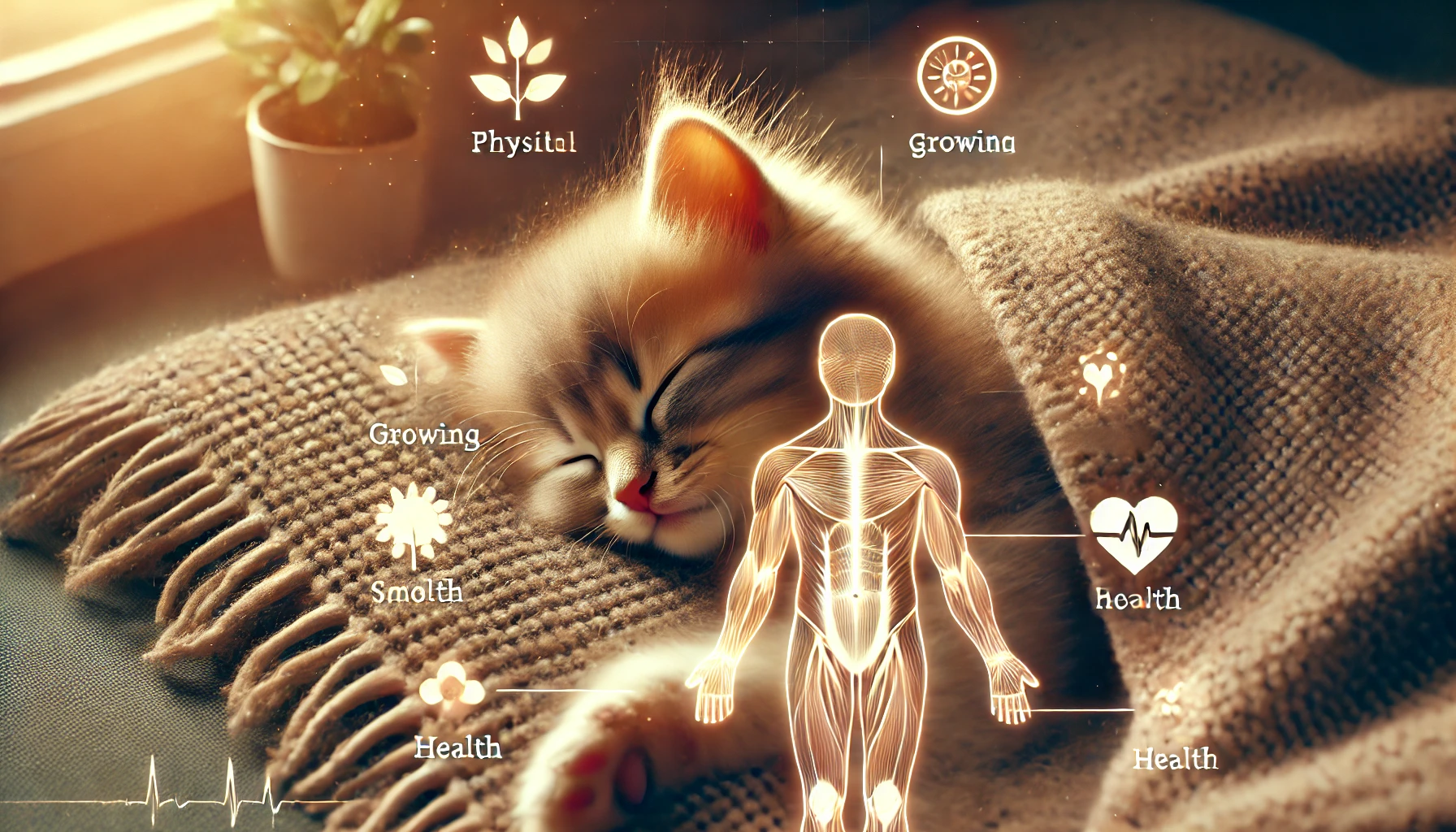 A scene depicting a fluffy kitten sleeping on a soft blanket, with subtle elements representing physical growth.