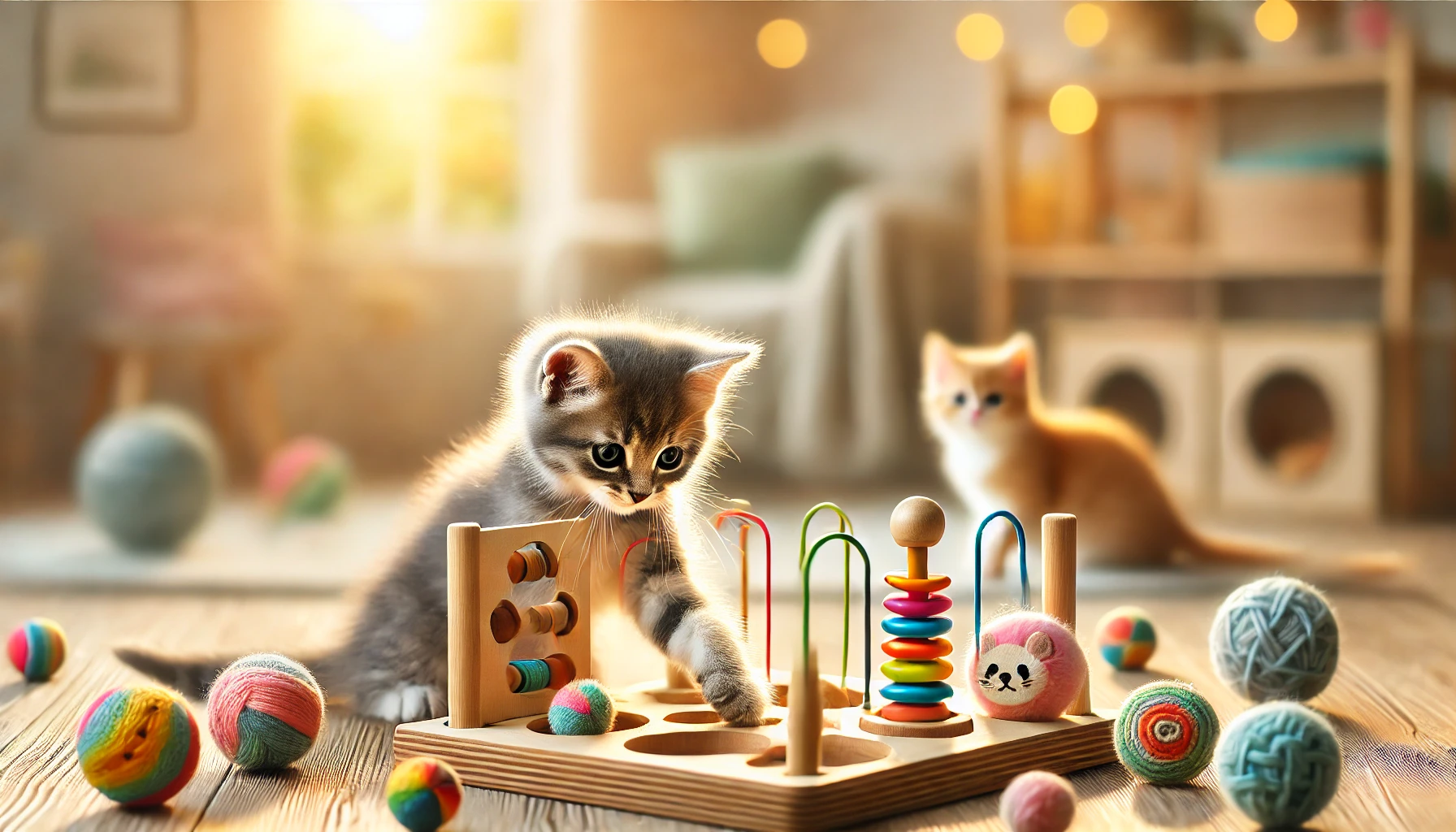 A playful kitten exploring various stimulating toys in a cozy environment.